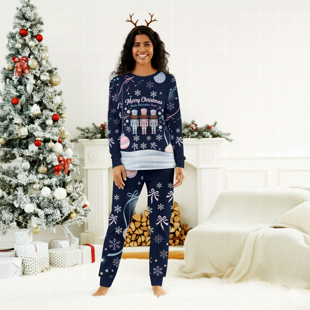 Black Nutcracker Magic Christmas Pajama Set African American Pastel Snowflake Winter