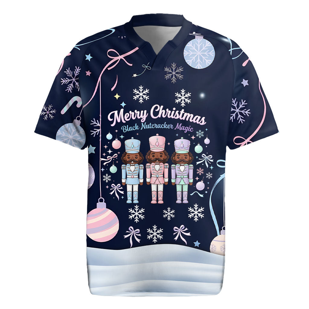 Black Nutcracker Magic Christmas Rugby Jersey African American Pastel Snowflake Winter