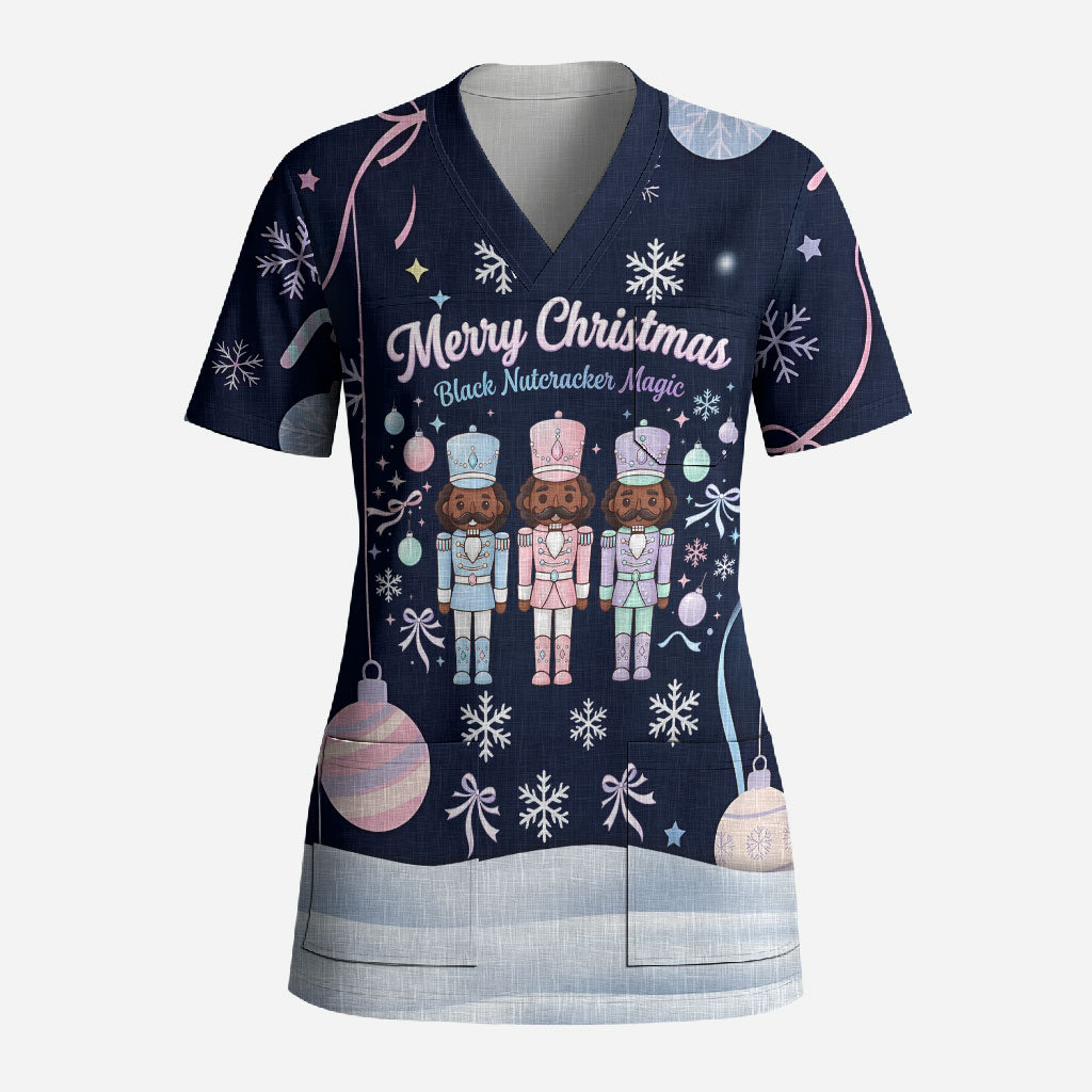 Black Nutcracker Magic Christmas Scrub Top African American Pastel Snowflake Winter