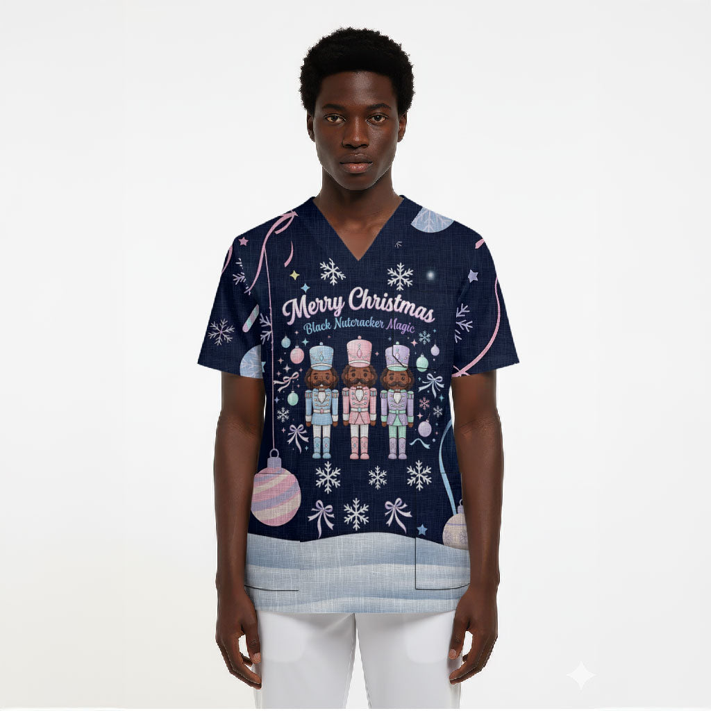 Black Nutcracker Magic Christmas Scrub Top African American Pastel Snowflake Winter