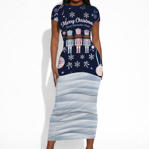 Black Nutcracker Magic Christmas Short Sleeve Bodycon Dress African American Pastel Snowflake Winter