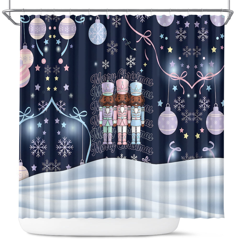 Black Nutcracker Magic Christmas Shower Curtain African American Pastel Snowflake Winter