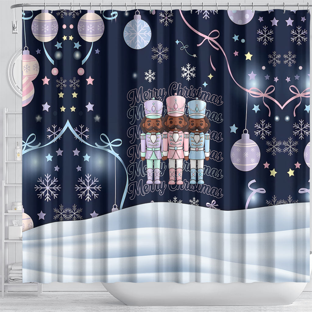 Black Nutcracker Magic Christmas Shower Curtain African American Pastel Snowflake Winter
