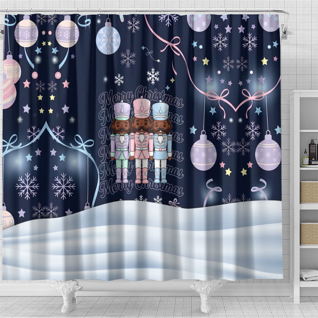 Black Nutcracker Magic Christmas Shower Curtain African American Pastel Snowflake Winter