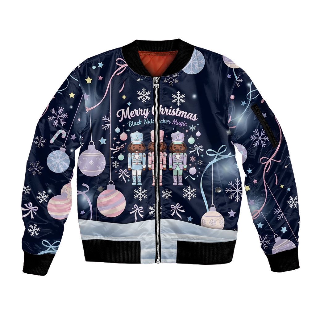 Black Nutcracker Magic Christmas Sleeve Zip Bomber Jacket African American Pastel Snowflake Winter