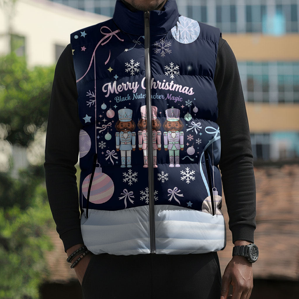 Black Nutcracker Magic Christmas Sleeveless Puffer Jacket African American Pastel Snowflake Winter