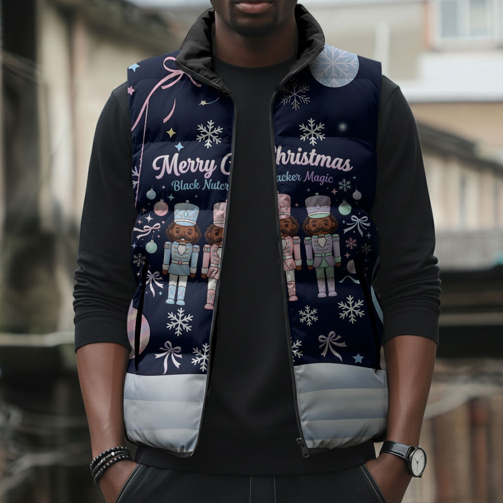 Black Nutcracker Magic Christmas Sleeveless Puffer Jacket African American Pastel Snowflake Winter