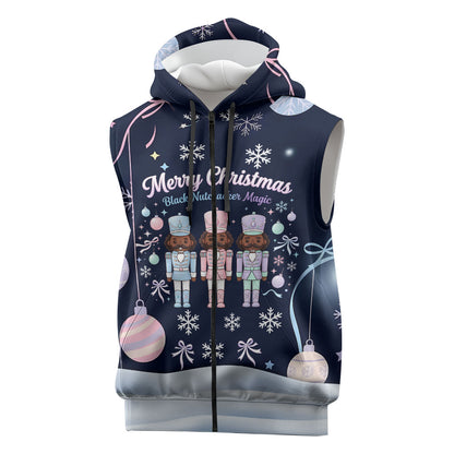 Black Nutcracker Magic Christmas Sleeveless Zip Hoodie African American Pastel Snowflake Winter