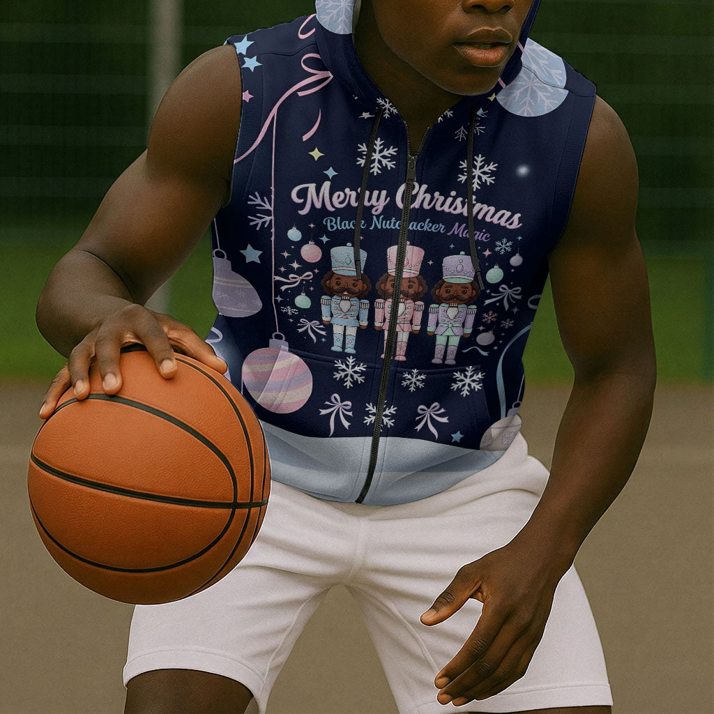 Black Nutcracker Magic Christmas Sleeveless Zip Hoodie African American Pastel Snowflake Winter