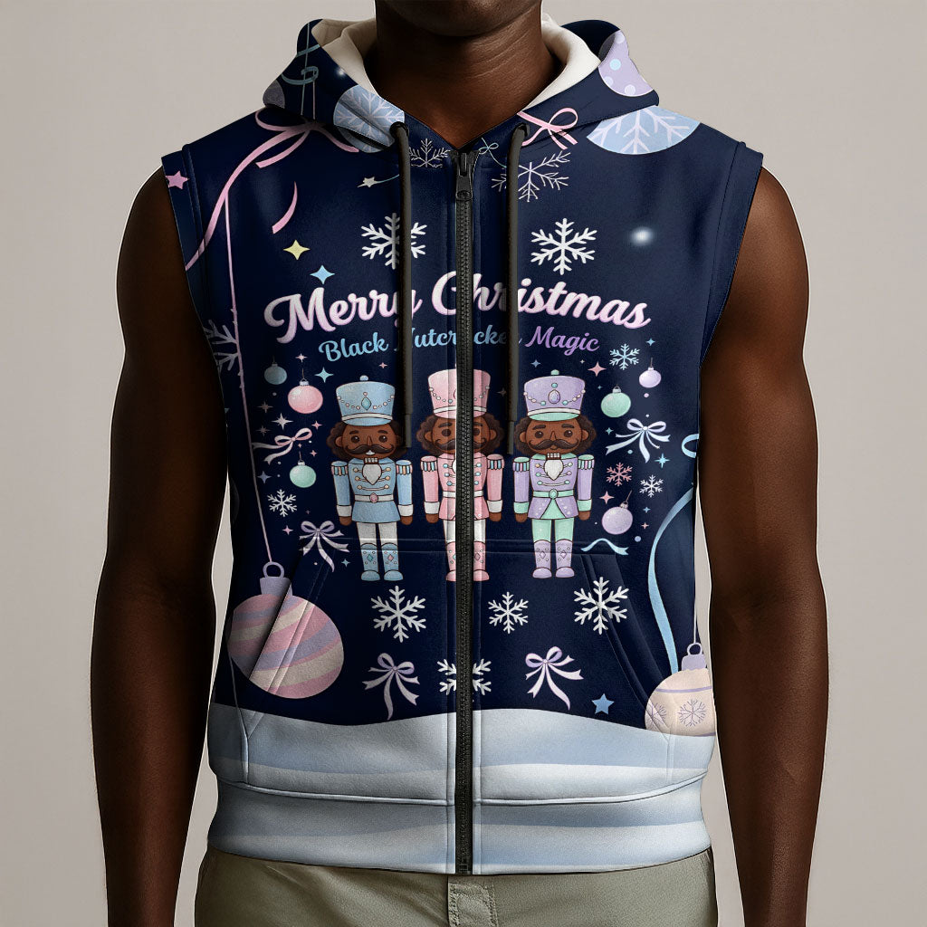 Black Nutcracker Magic Christmas Sleeveless Zip Hoodie African American Pastel Snowflake Winter