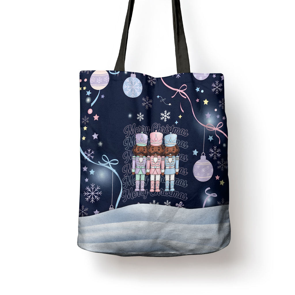 Black Nutcracker Magic Christmas Tote Bag African American Pastel Snowflake Winter