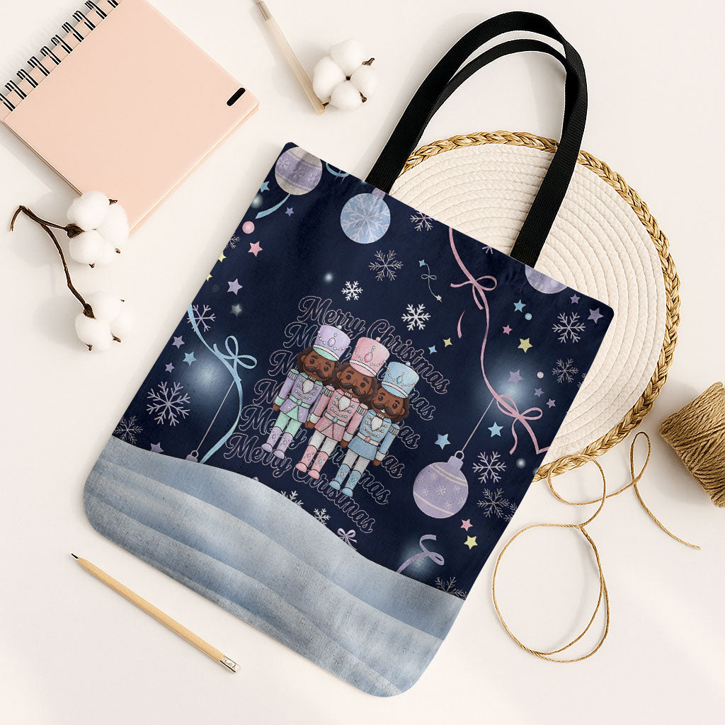Black Nutcracker Magic Christmas Tote Bag African American Pastel Snowflake Winter