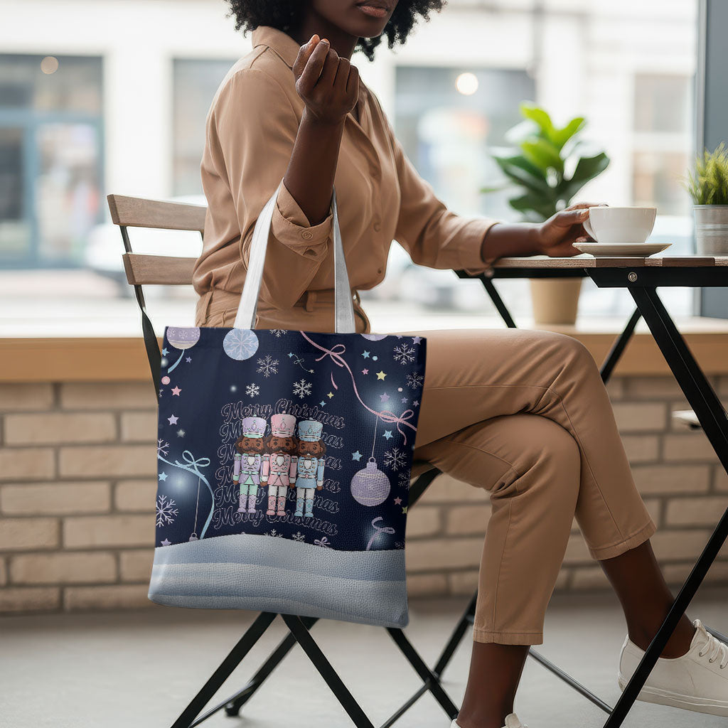 Black Nutcracker Magic Christmas Tote Bag African American Pastel Snowflake Winter