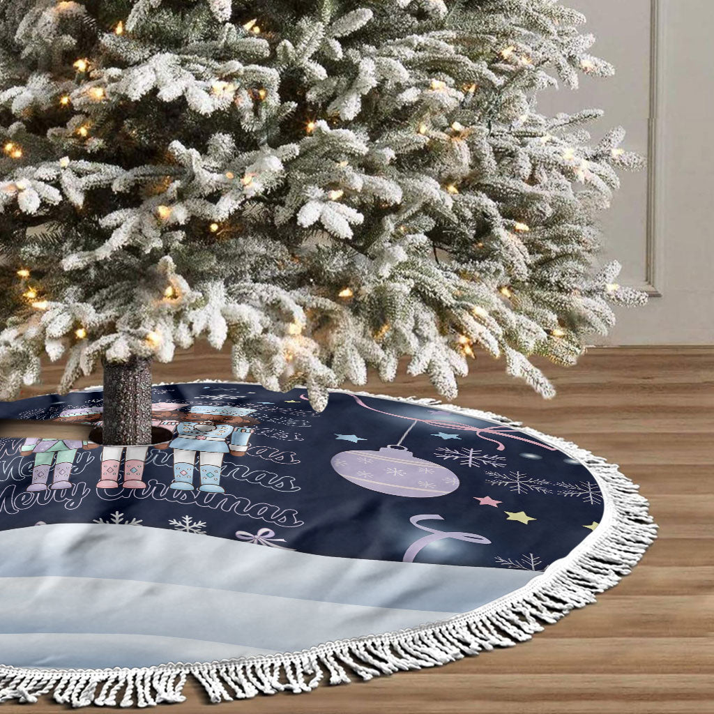 Black Nutcracker Magic Christmas Tree Skirt African American Pastel Snowflake Winter