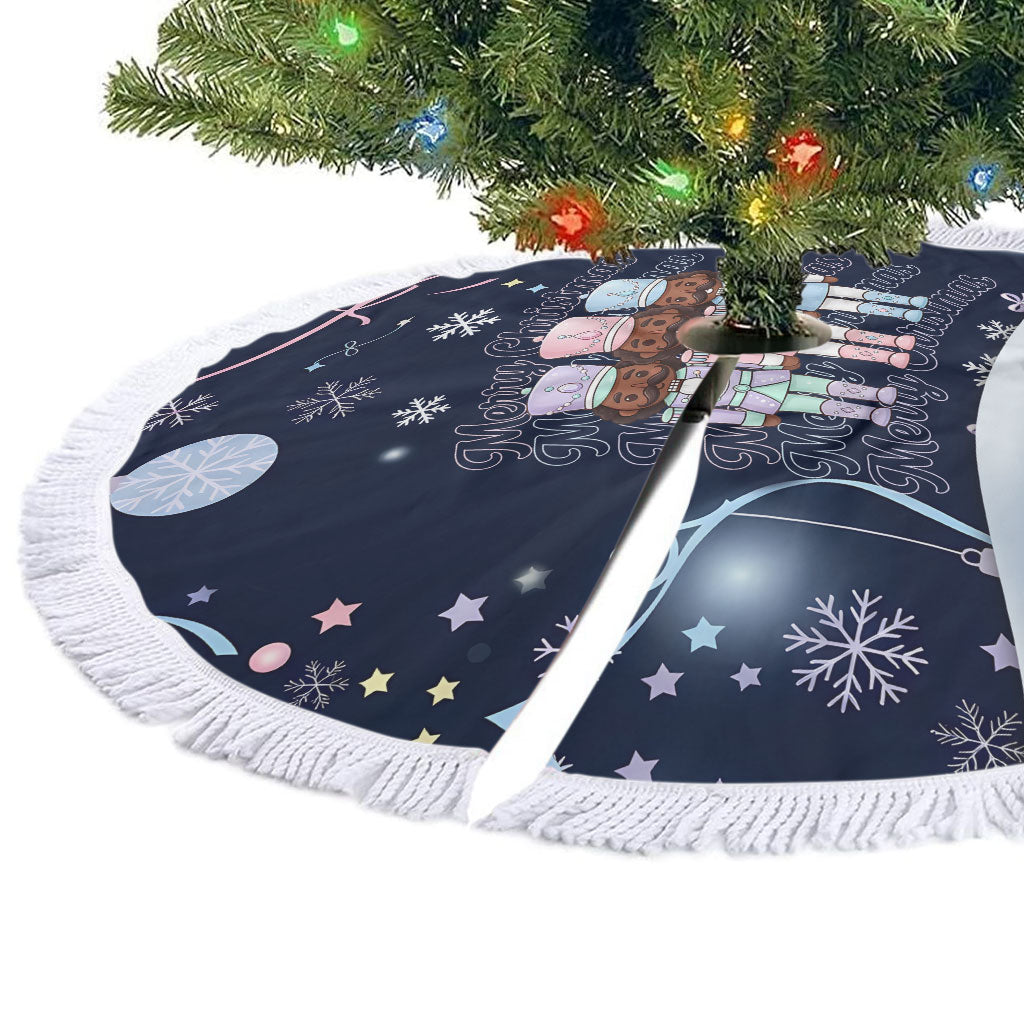 Black Nutcracker Magic Christmas Tree Skirt African American Pastel Snowflake Winter