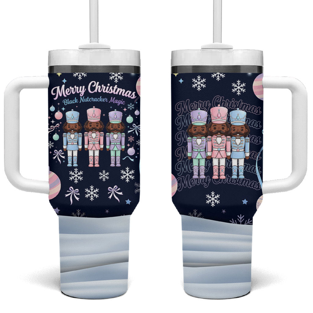 Black Nutcracker Magic Christmas Tumbler With Handle African American Pastel Snowflake Winter