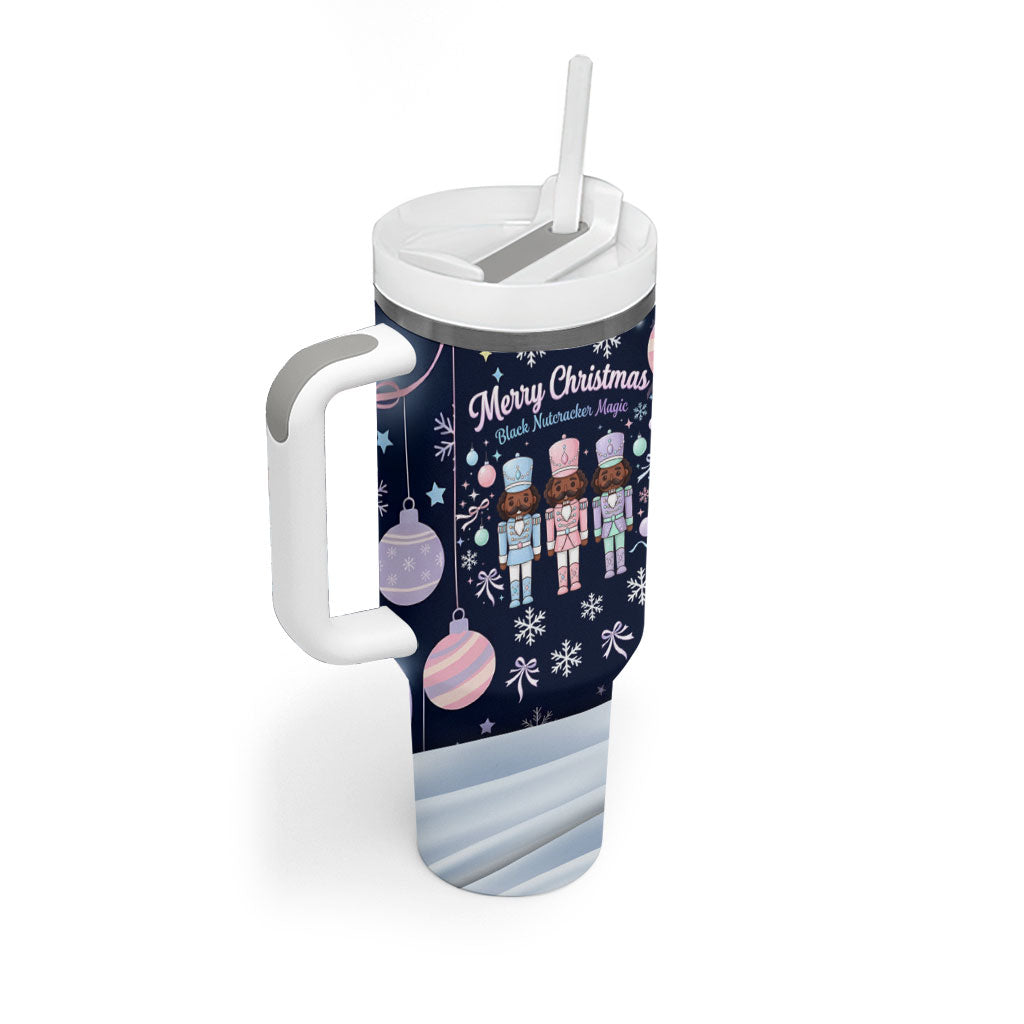 Black Nutcracker Magic Christmas Tumbler With Handle African American Pastel Snowflake Winter