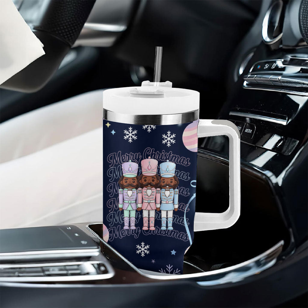 Black Nutcracker Magic Christmas Tumbler With Handle African American Pastel Snowflake Winter