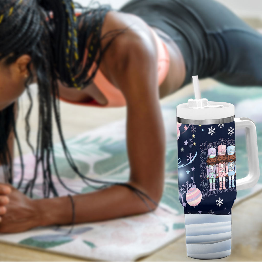 Black Nutcracker Magic Christmas Tumbler With Handle African American Pastel Snowflake Winter