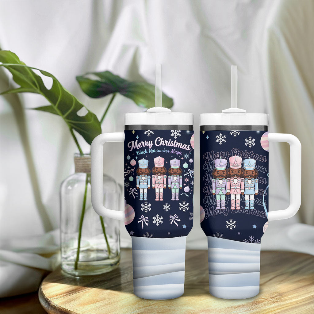 Black Nutcracker Magic Christmas Tumbler With Handle African American Pastel Snowflake Winter