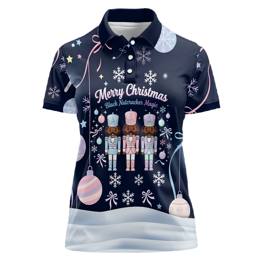 Black Nutcracker Magic Christmas Women Polo Shirt African American Pastel Snowflake Winter