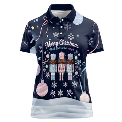Black Nutcracker Magic Christmas Women Polo Shirt African American Pastel Snowflake Winter