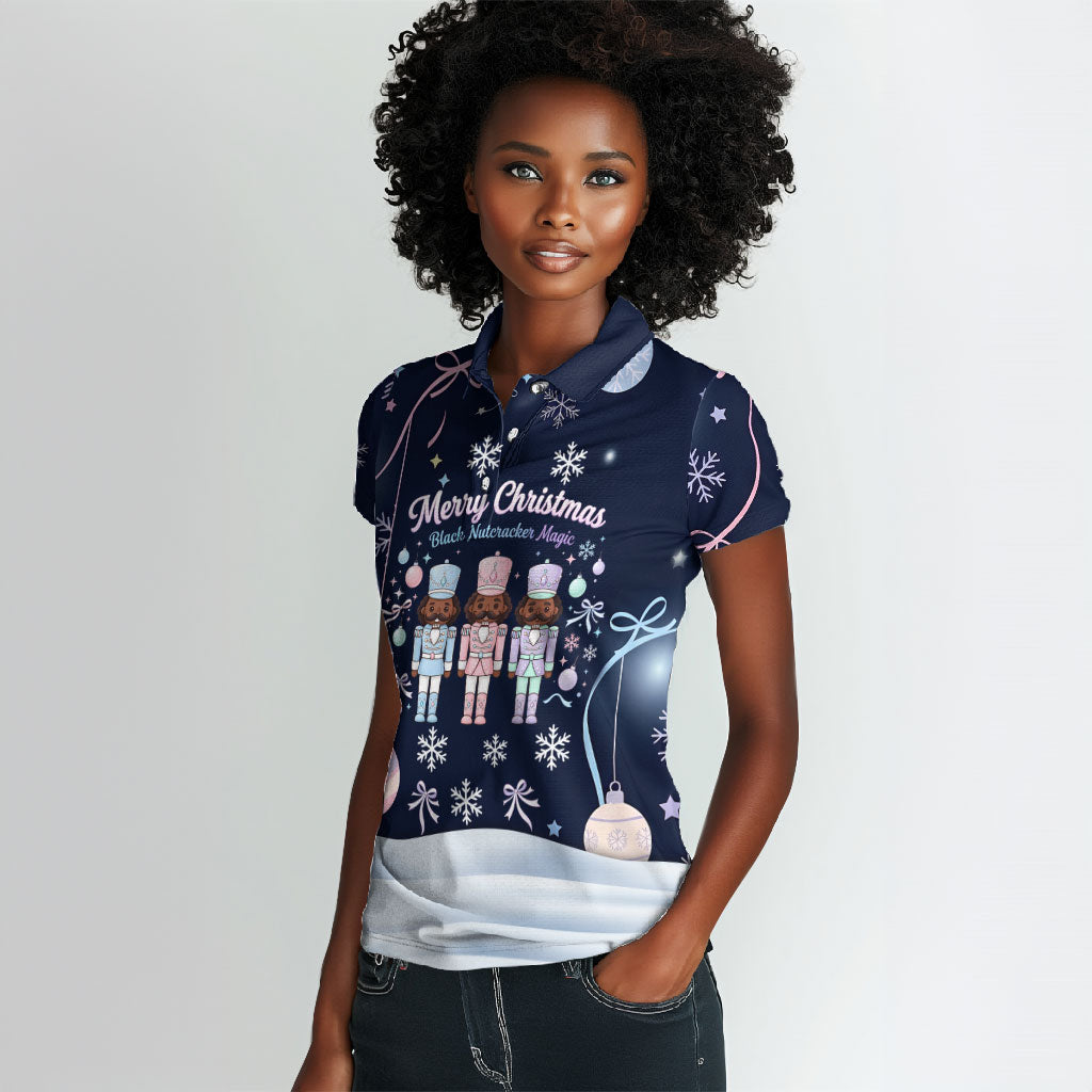 Black Nutcracker Magic Christmas Women Polo Shirt African American Pastel Snowflake Winter