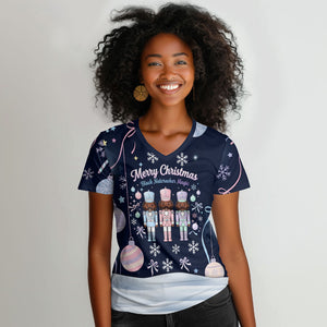 Black Nutcracker Magic Christmas Women V-Neck T-Shirt African American Pastel Snowflake Winter