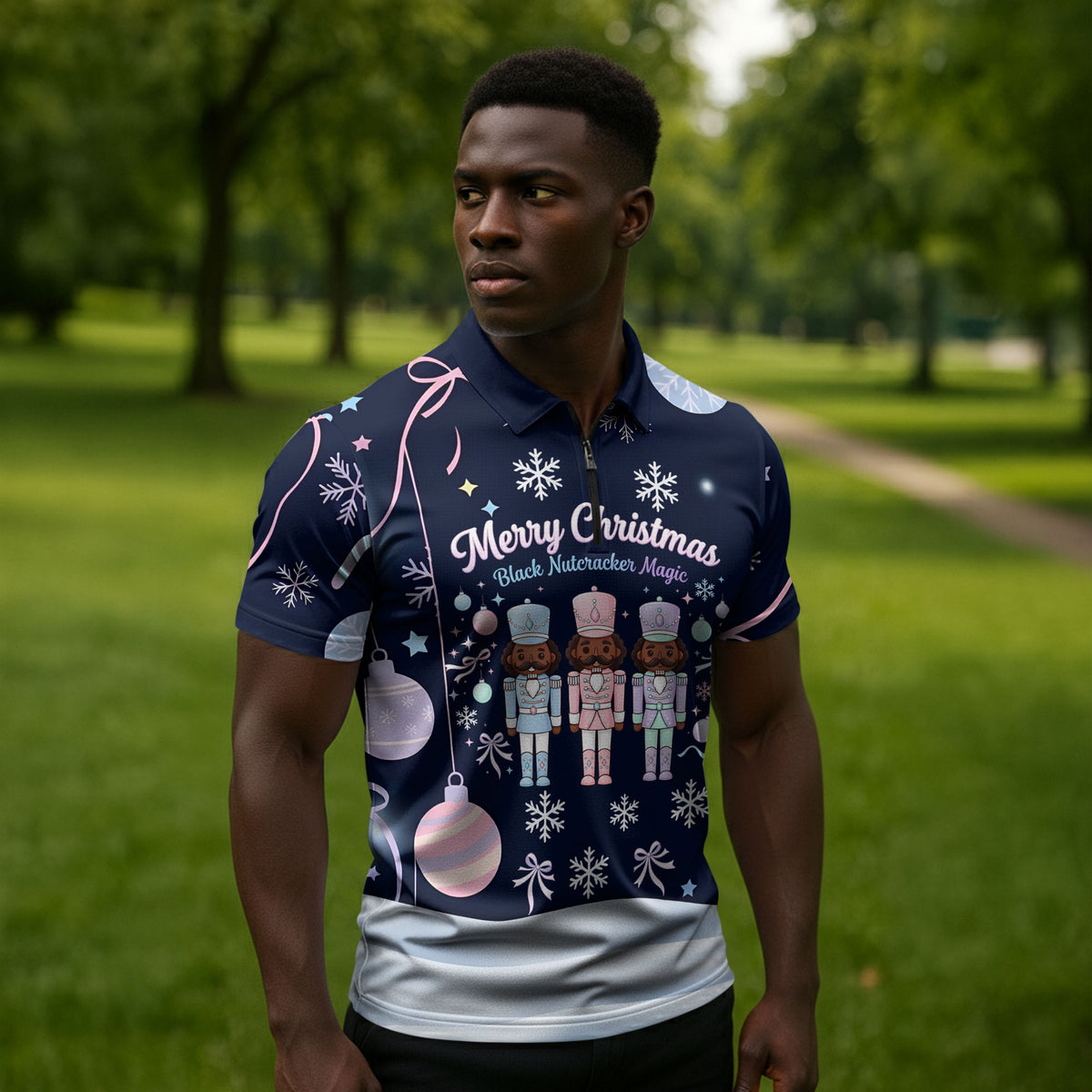 Black Nutcracker Magic Christmas Zipper Polo Shirt African American Pastel Snowflake Winter