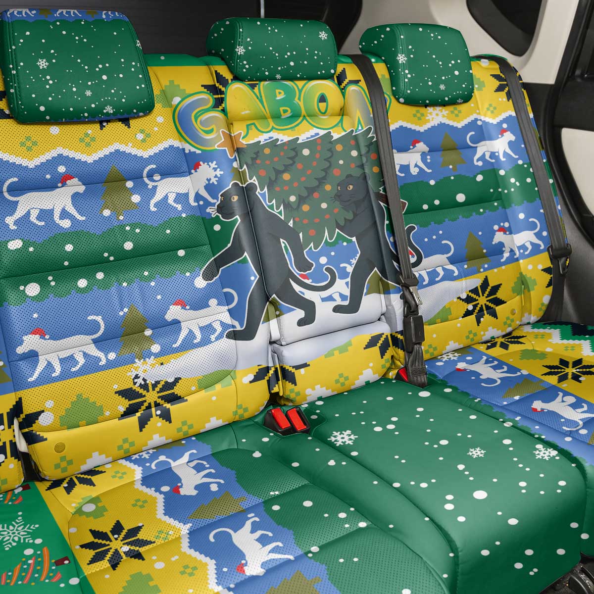 Gabon Christmas Back Car Seat Cover Black Panthers Carrying Tree and Snowflake - African Pride