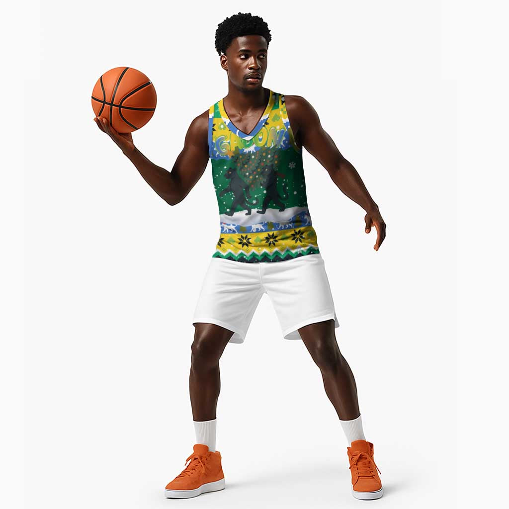 Gabon Christmas Basketball Jersey Black Panthers Carrying Tree and Snowflake - African Pride