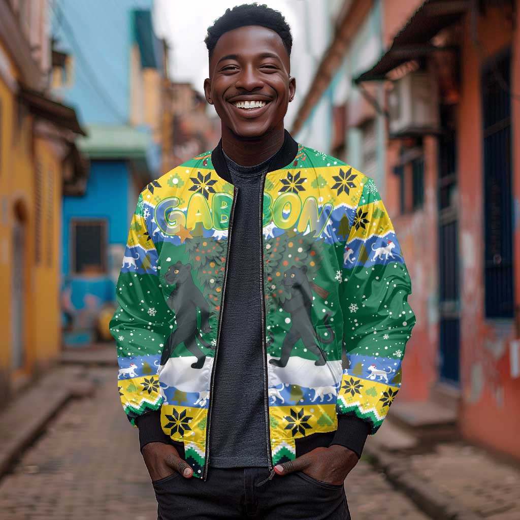 Gabon Christmas Bomber Jacket Black Panthers Carrying Tree and Snowflake - African Pride
