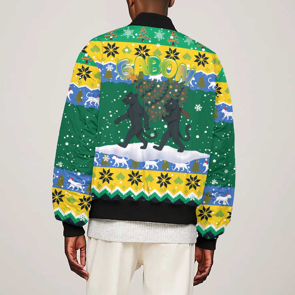 Gabon Christmas Bomber Jacket Black Panthers Carrying Tree and Snowflake - African Pride