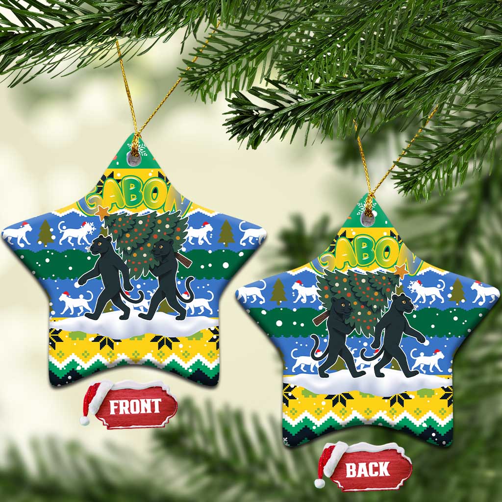 Gabon Christmas Ceramic Ornament Black Panthers Carrying Tree and Snowflake - African Pride