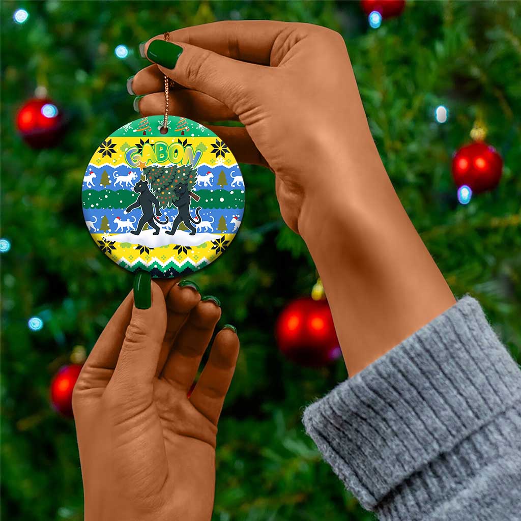 Gabon Christmas Ceramic Ornament Black Panthers Carrying Tree and Snowflake - African Pride
