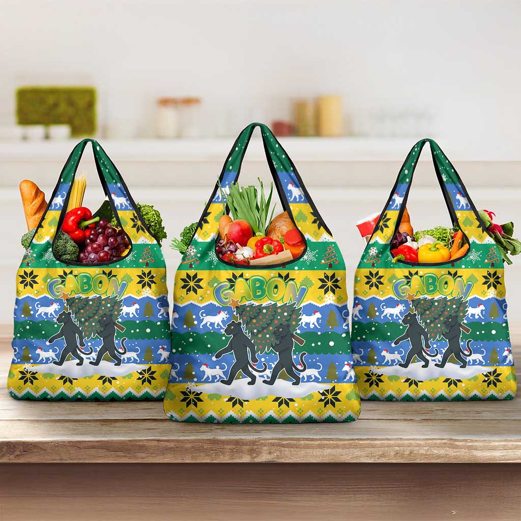 Gabon Christmas Grocery Bag Black Panthers Carrying Tree and Snowflake - African Pride