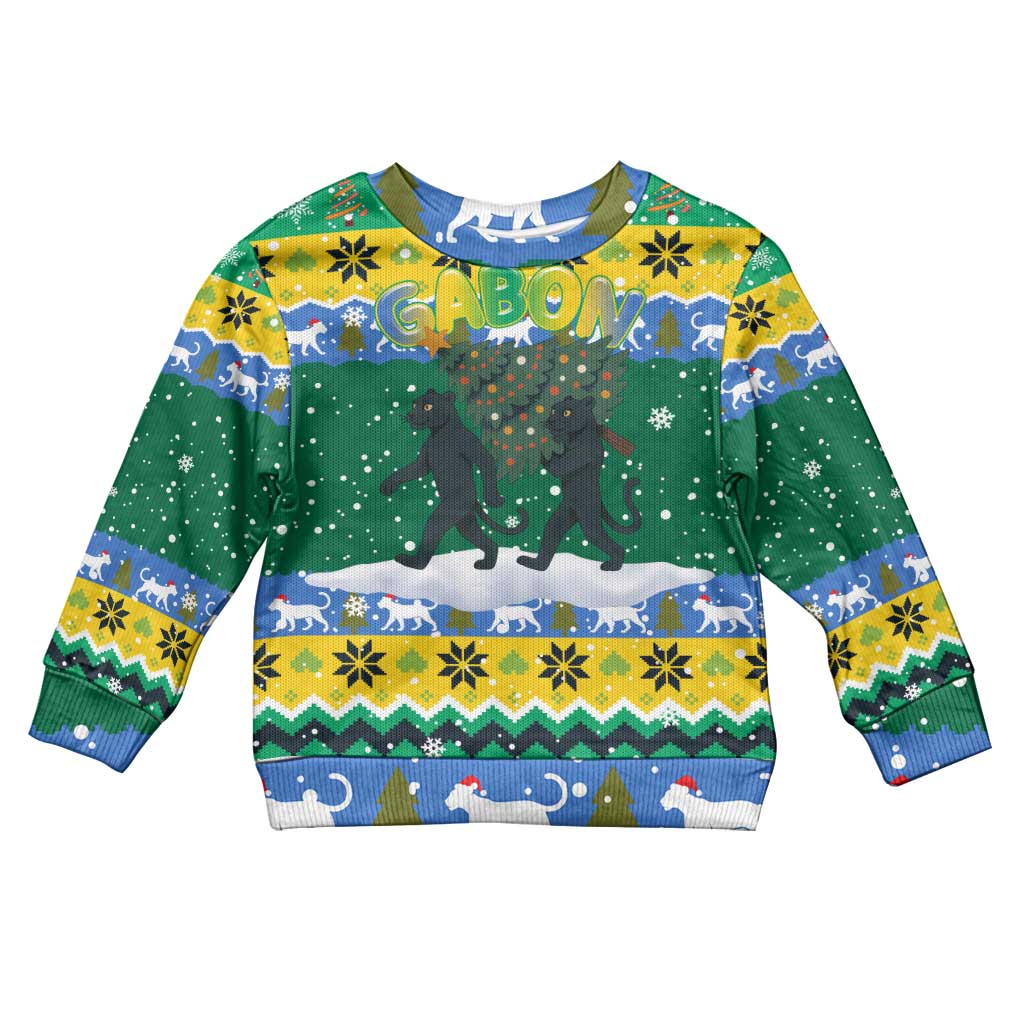 Gabon Christmas Kid Ugly Christmas Sweater Black Panthers Carrying Tree and Snowflake - African Pride