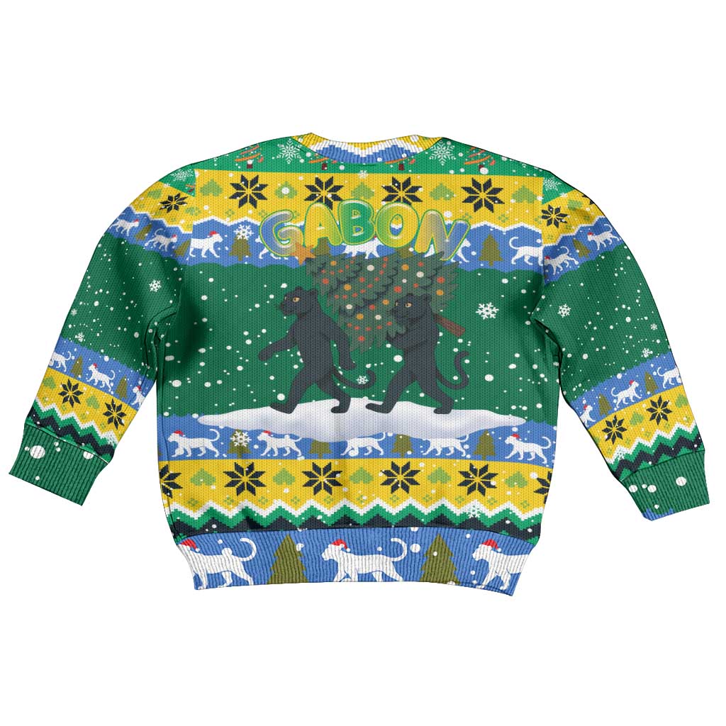 Gabon Christmas Kid Ugly Christmas Sweater Black Panthers Carrying Tree and Snowflake - African Pride