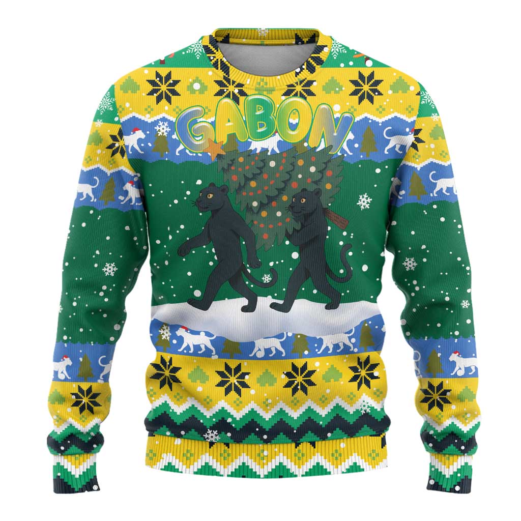 Gabon Christmas Ugly Christmas Sweater Black Panthers Carrying Tree and Snowflake - African Pride
