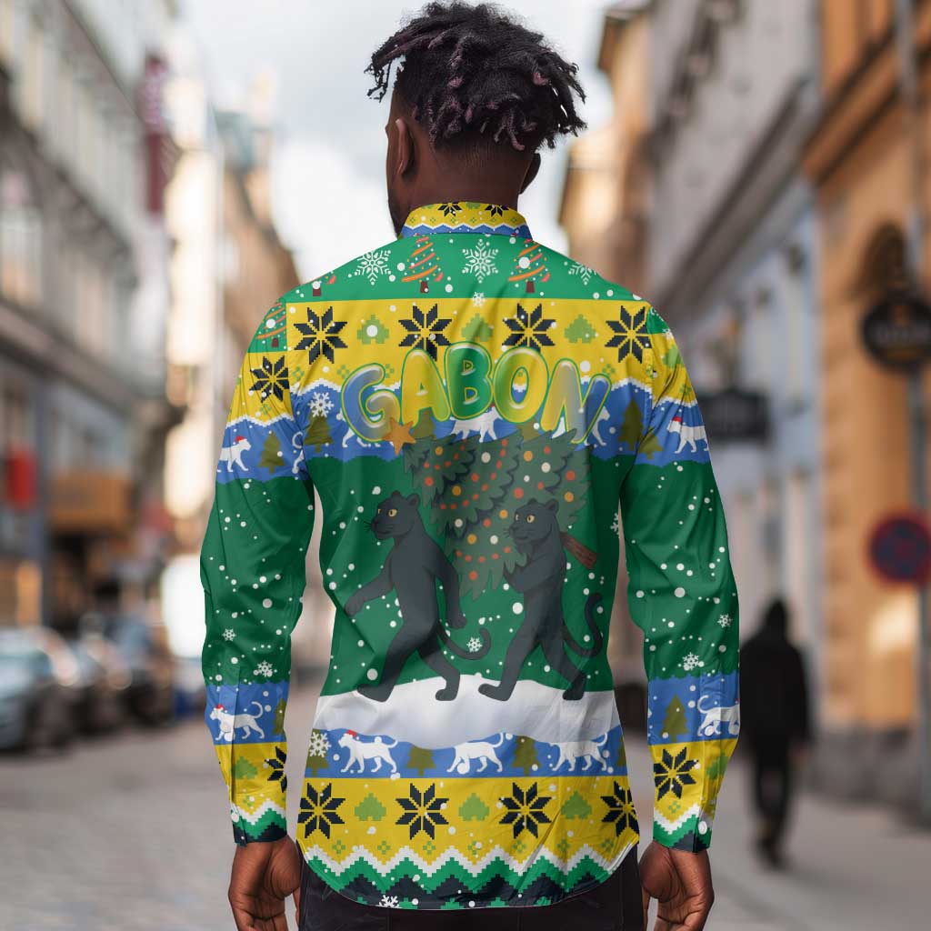 Gabon Christmas Long Sleeve Button Shirt Black Panthers Carrying Tree and Snowflake - African Pride