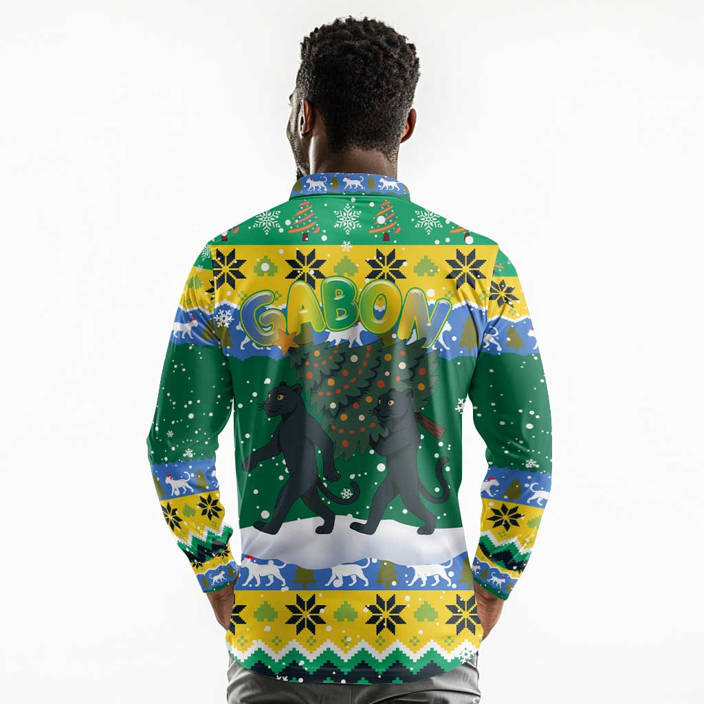 Gabon Christmas Long Sleeve Polo Shirt Black Panthers Carrying Tree and Snowflake - African Pride