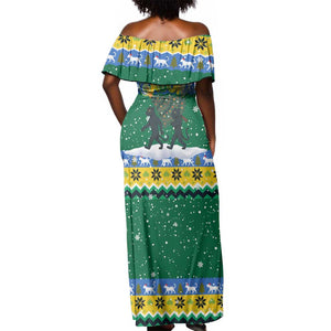 Gabon Christmas Off Shoulder Maxi Dress Black Panthers Carrying Tree and Snowflake - African Pride