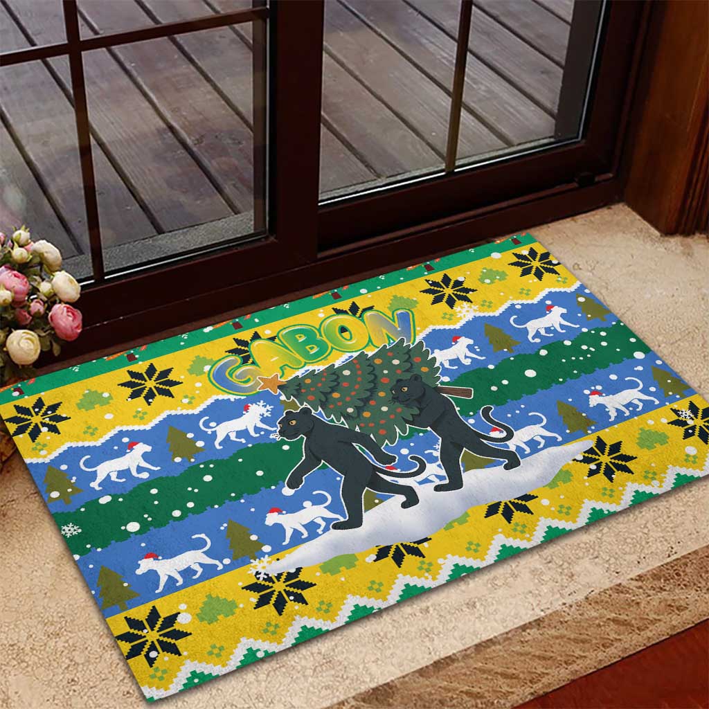 Gabon Christmas Rubber Doormat Black Panthers Carrying Tree and Snowflake - African Pride
