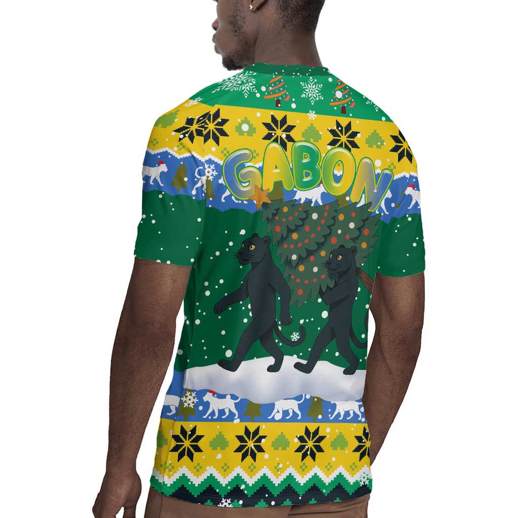 Gabon Christmas Rugby Jersey Black Panthers Carrying Tree and Snowflake - African Pride