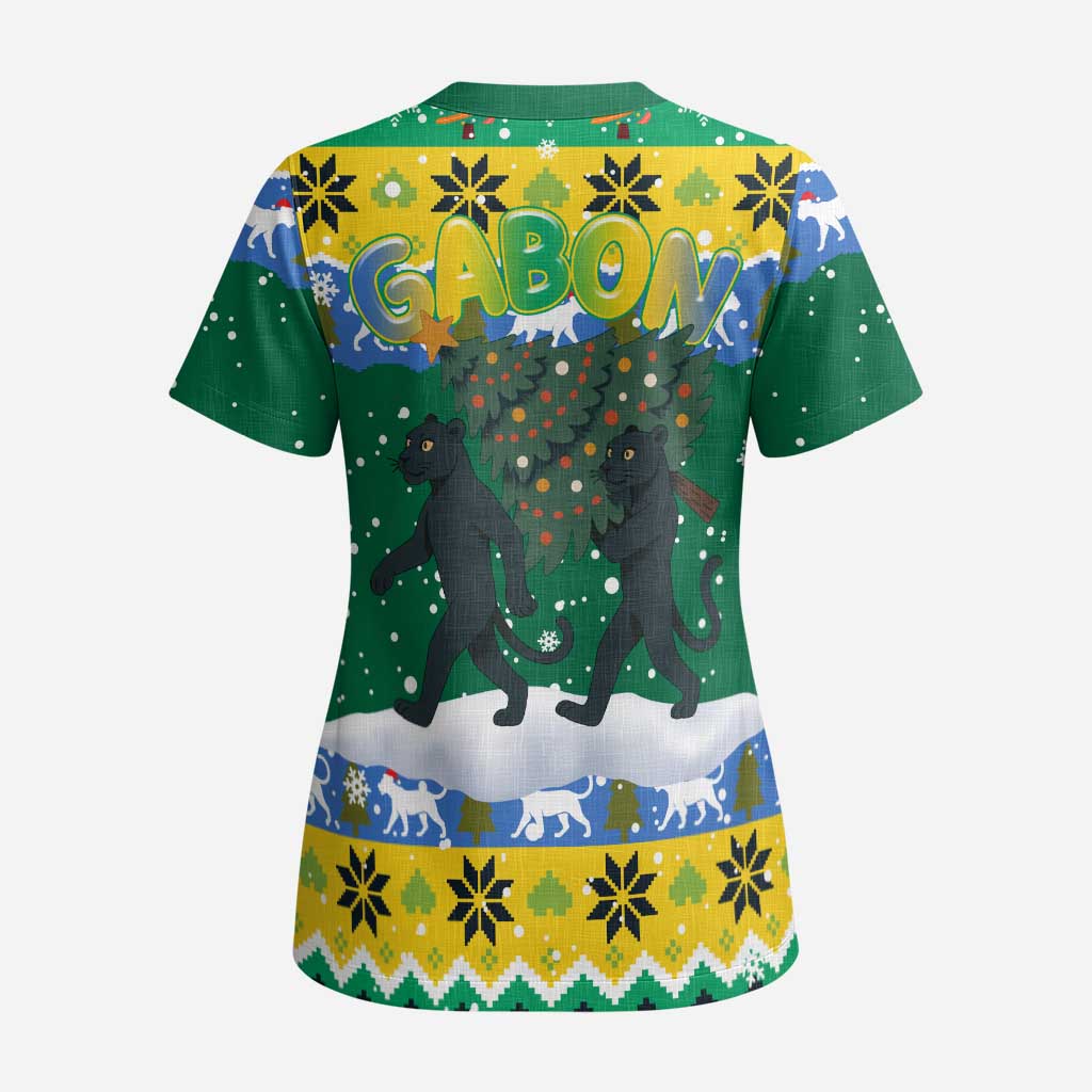 Gabon Christmas Scrub Top Black Panthers Carrying Tree and Snowflake - African Pride