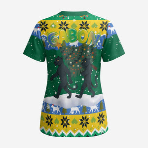 Gabon Christmas Scrub Top Black Panthers Carrying Tree and Snowflake - African Pride
