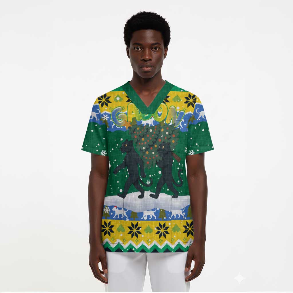 Gabon Christmas Scrub Top Black Panthers Carrying Tree and Snowflake - African Pride