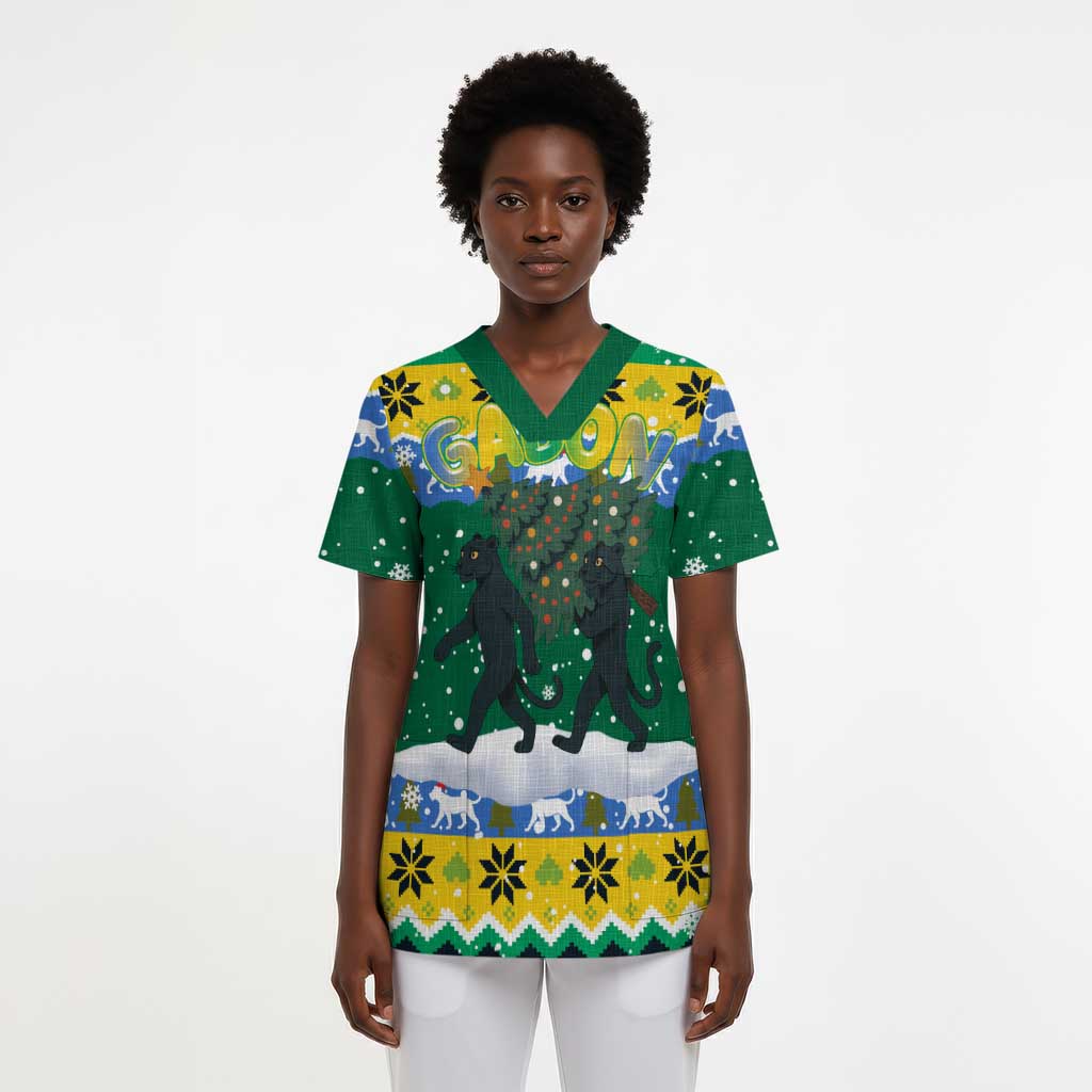 Gabon Christmas Scrub Top Black Panthers Carrying Tree and Snowflake - African Pride