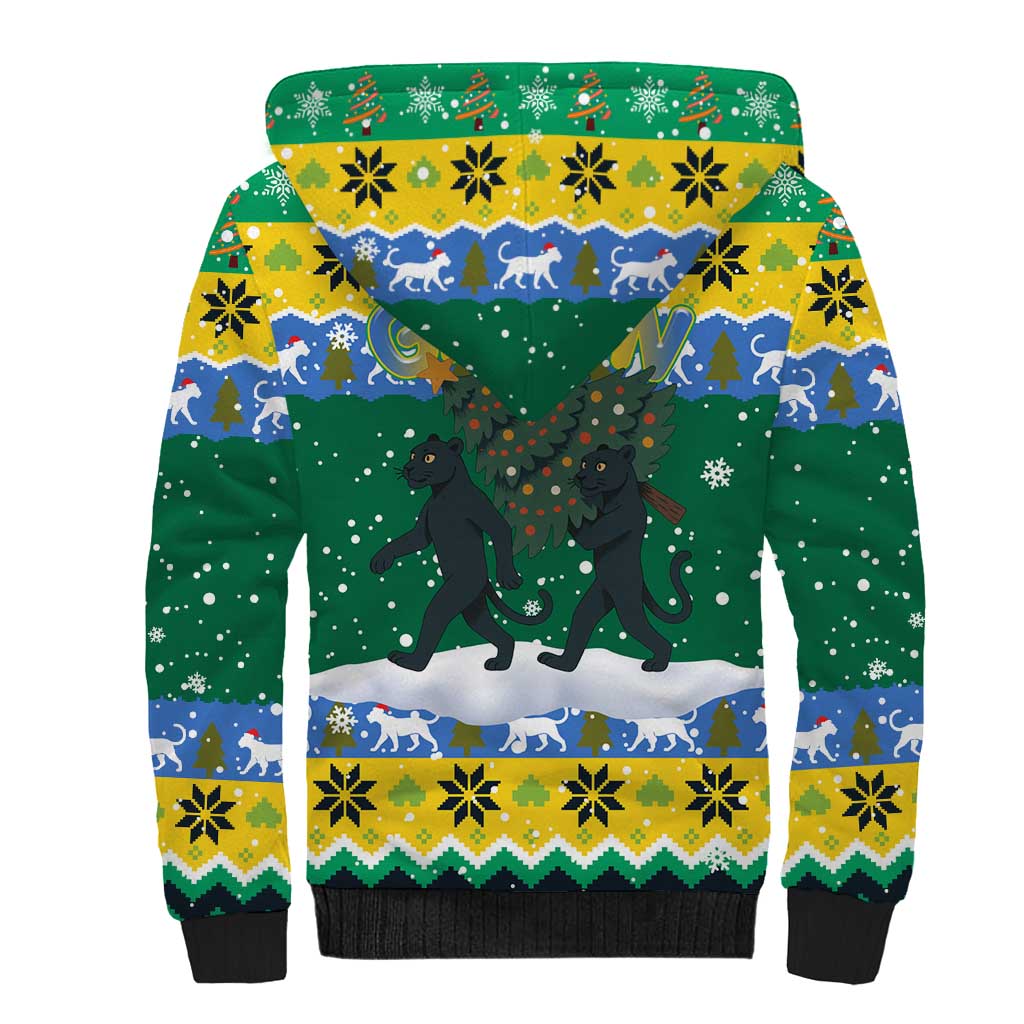 Gabon Christmas Sherpa Hoodie Black Panthers Carrying Tree and Snowflake - African Pride