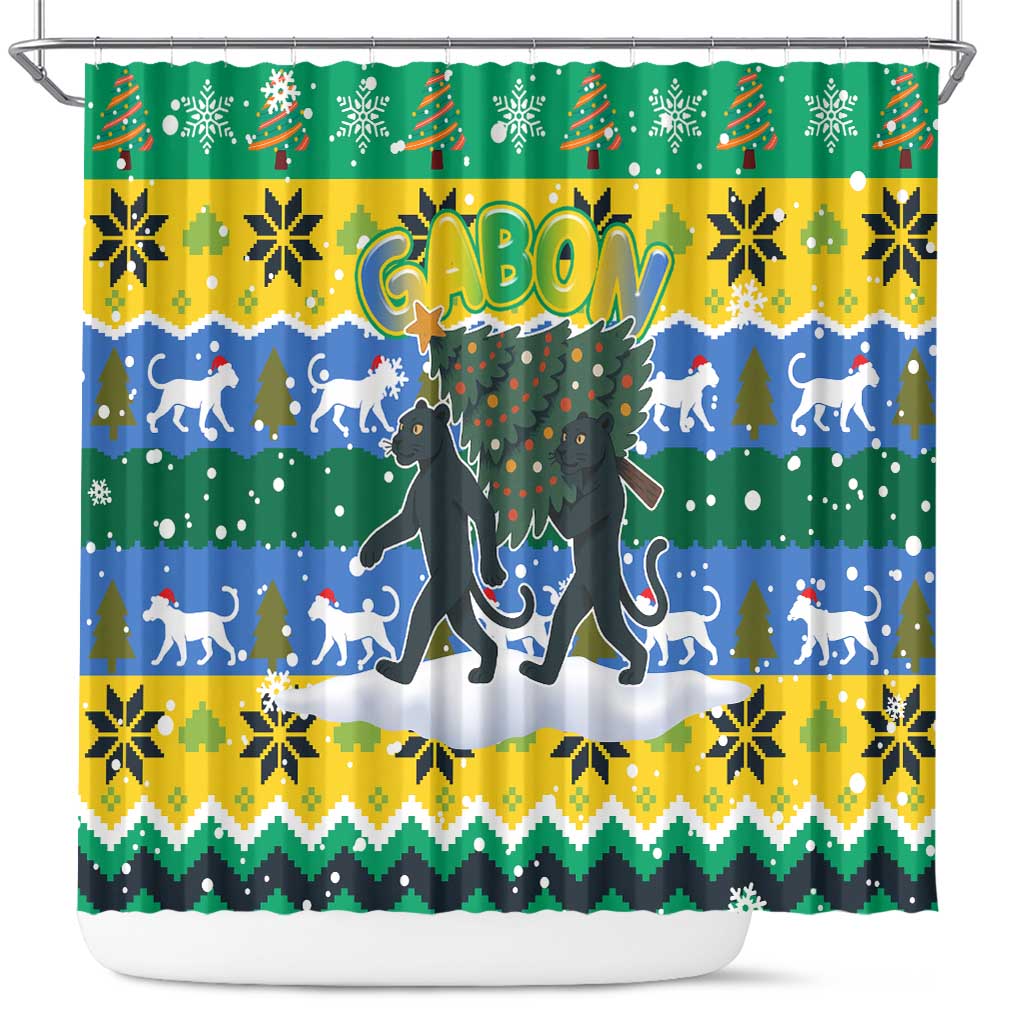 Gabon Christmas Shower Curtain Black Panthers Carrying Tree and Snowflake - African Pride